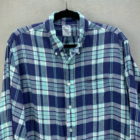 Brooks Brothers Irish Linen Shirt Mens Large Blue Plaid Regent Button‎ Down - Picture 2 of 15